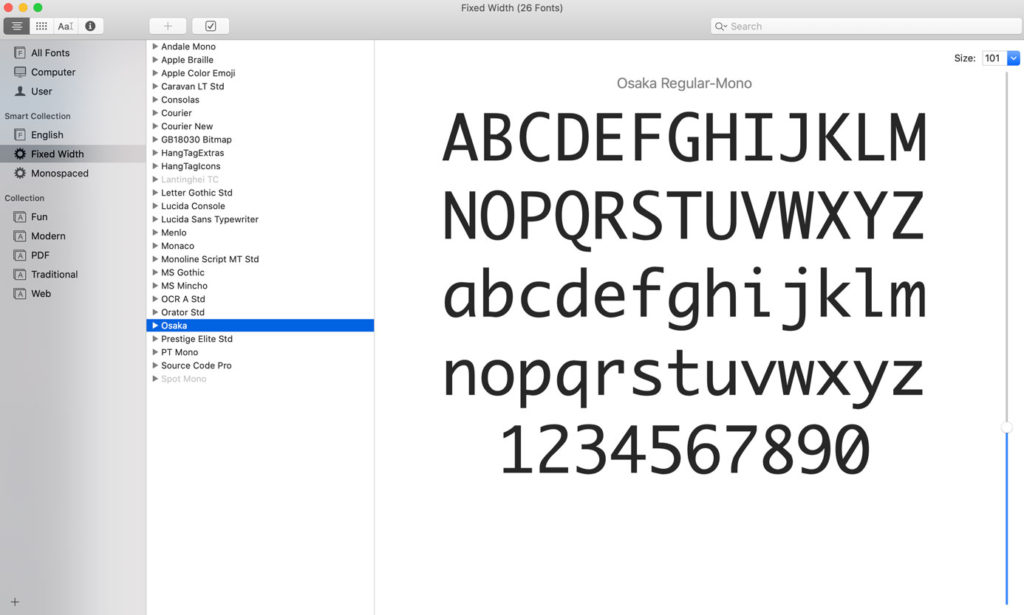  A screenshot of monospaced fonts in the Font Book application.